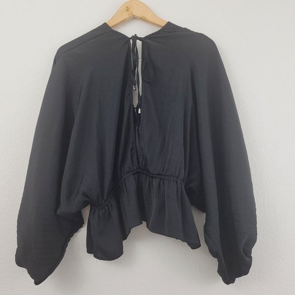 Free People Elouise Black Satin Long Sleeve Blouse Oversized Boho V-Neck Top XS - Picture 4 of 13